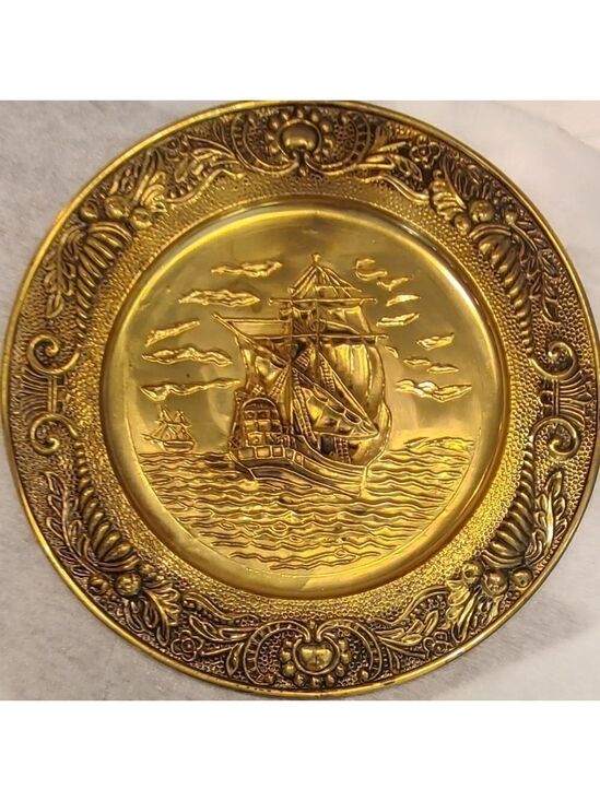 Other - Vintage Metal Brass 14” Tin Wall Hanging Ship Plate